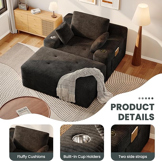 67 Oversized Chaise Lounge Sofa Indoor Sleeper Couch Chair with Cup Holders &amp Side Pocket | High-Density Memory Foam | Living Room Sofa Bed | Boneless Chaise | No Assembly (Black)