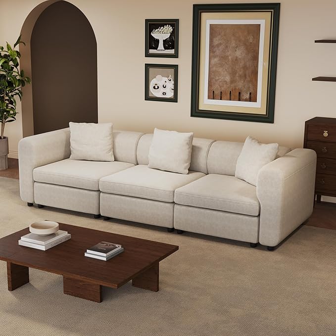 Modular Sectional 3 Seater Sofa Couch Modern Velvet with Removable and Washable Cushion Cover for Small Spaces Solid Wood Frame 108.66” Width Beige