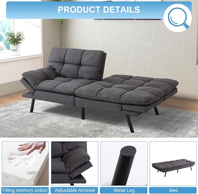 MUUEGM Futon Sofa Bed Couch Sofa Memory Foam Futon Sleeper Sofa Loveseat Convertible Couch Bed for Small Compact Spaces Apartment Dark Grey.