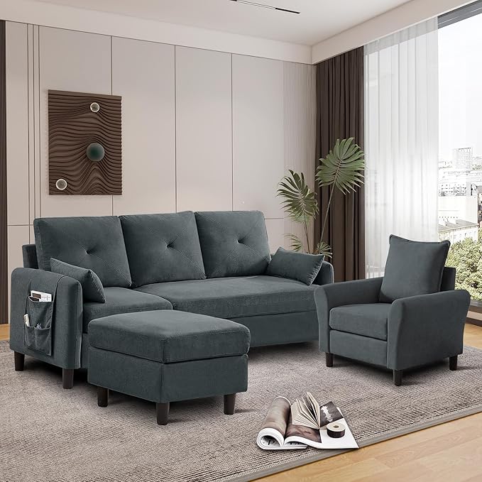Sectional Sofa Set 77 Convertible Sofa and Accent Chair Small 3 Seat L Shaped Couch with Storage Ottoman and Side Pockets Modern Couch for Living Room Office Apartment Dark Grey