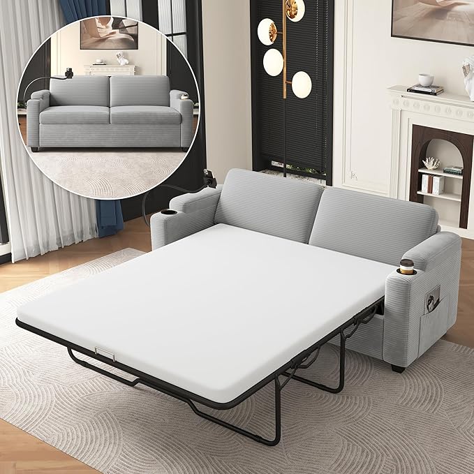 Merax 72.8 Corduroy Sleeper Sofa Bed with Full Size Mattress Futon Couches with USB Ports | Phone &amp Cup Holders| Side PocketsPull Out Couch for Living Room Small Loveseat Grey