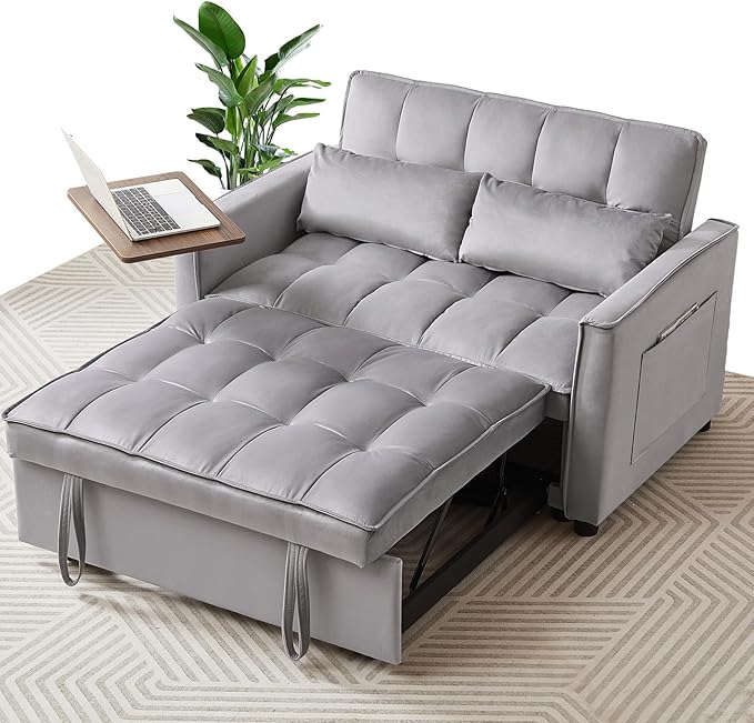 Rovibek 3 in 1 Convertible Sofa Bed Sleeper Pull Out Couch with Table Futon Loveseat Sofa Bed for Living Room with Adjustable Backrest 2 Pillows (Grey