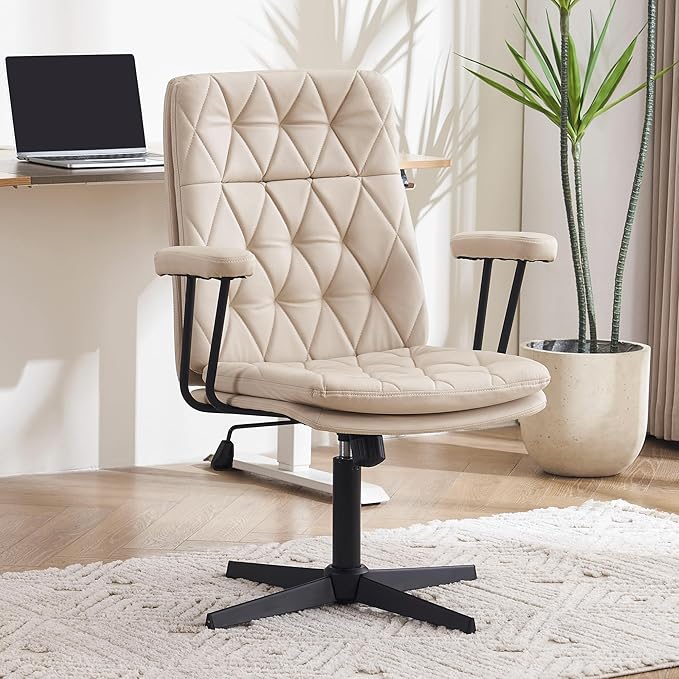 Desk Chair No Wheels with Arms Crossleg Stationary Ergonomic Soft Cushion Home Office Swivel Working Computer Chair Cream White