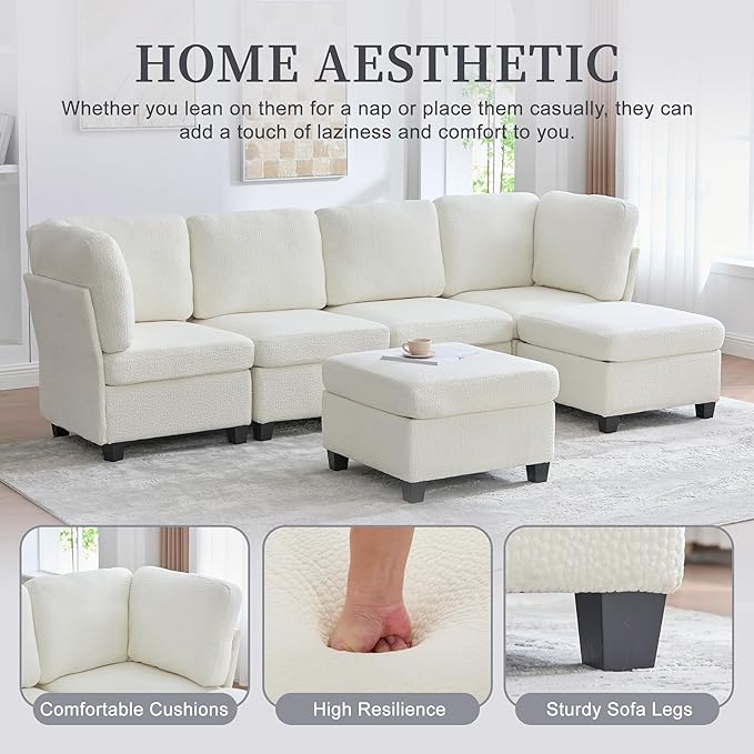 U Shaped Modular Sectional Sofa Couch with Storage Ottoman 6 Seat Convertible Upholstered Deep Seat Sofa with Chaise Lounge Comfy Cloud Couch for Living Room Beige