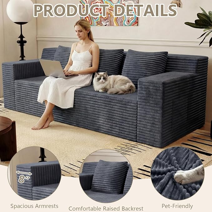 71 Love Seat Couches Corduroy Boneless Loveseat with Deep Seats 2 Seat Couch Apartment Size Couch with 3 Pillows&ampSide Pockets for Bedroom Office No Assembly Required Dark Gray
