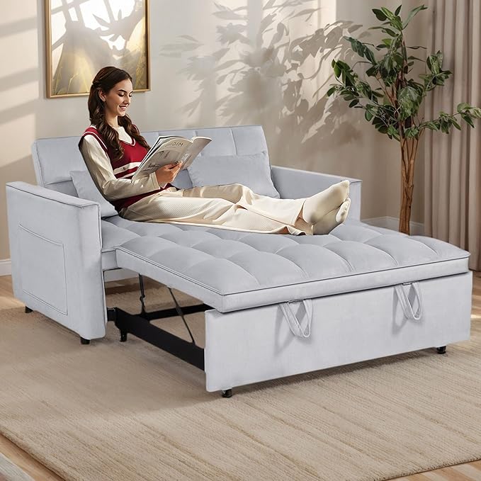 54 Convertible Sofa Bed Velvet Sleeper Sofa with Pull-Out Bed 3-in-1 Futon Couch with Reclining Backrest and Side Pocket Modern Loveseat for Living Room (Silver Grey)