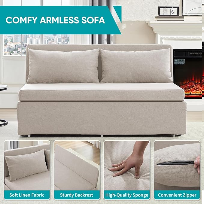 BALUS 43 W Queen Size Sleeper Couch Bed Pull Out Sofa with Pullout Beds 2 in 1 Convertible Linen Single Sleepers Sofas Chair with Foldable Mattress and Pillows for Small Space Apartment Beige