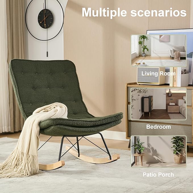 Lazy Rocking ChairComfortable Lounge Chair with Wide Backrest and Seat Wood Base Upholstered Armless Rocker Chair for Living Room BalconyBedroom and Patio Porch. (Dark Green)