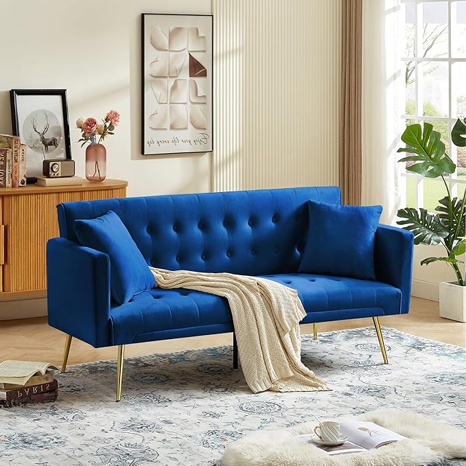 Anwick Modern Velvet Futon Sofa Bed: 72 Satin Convertible 2 Pillows Tufted Back Golden Metal Legs Folding Sleeper Loveseat for Small Space Home Office Living Room (Blue)