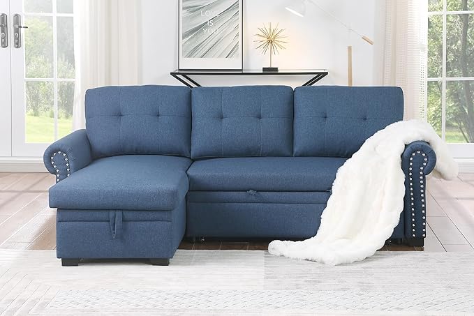 83 L-Shaped Sleeper Sectional Sofa with Storage Chaise &amp Cup Holders – Pull-Out Convertible Bed 3-in-1 Space-Saving Design for Apartments Modern Linen Fabric Easy Assembly