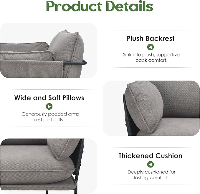 Modern Accent Chairs Set of 2 Oversized Living Room Chairs Reading Chair with Solid Metal Legs Fabric Armchair with Side Pockets and 2 Pillows Accent Chairs for Bedroom Nursery Khaki