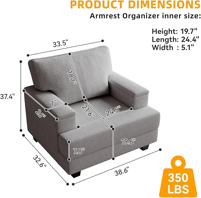 Oversized Accent Chair with Storage ArmrestComfy Living Room Chairs with 7.8'' CushionUpholstered Linen ArmchairReading Accent Chairs For Bedroom Living RoomSingle Sofa ChairDark Gray