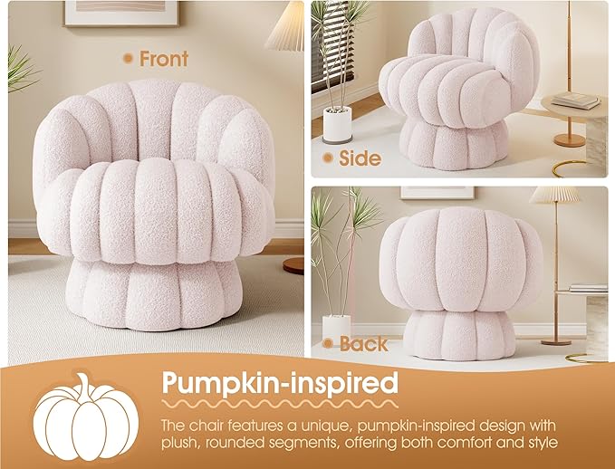 Mid Century Modern 360 Degree Barrel Swivel Accent Vanity ChairFluffy Sherpa Fabric Lounge Wide Upholstered Pumpkin Reading Chair Round Cloud Armchair for Living RoomBedroomVanity(Pink)