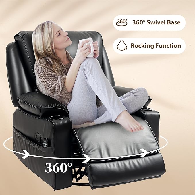 HOMCOM Swivel Rocker Recliner Chair with Vibration Massage and Heat Oversized Ergonomic Lounge Chair with PU Leather Remote Footrest Cup Holders and Side Pockets for Living Room Black