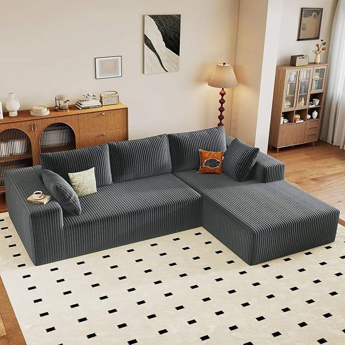 96 Modular Sectional Sofa Modern Corduroy Cloud Couch with Deep Seat Boneless Couch Upholstered 3-Seater L-Shaped Sofa for Living Room No Assembly Required (Dark Grey Right-Facing Chaise)