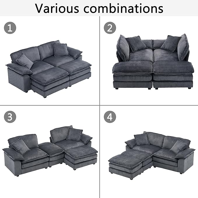 84.6” Corduroy Loveseat with Ottoman Oversized Double Chaise Lounge Chair Indoor Deep Seat Two Seater Couch Cloud Couch Modular Sectional Sofa for Living Room(Corduroy Grey)