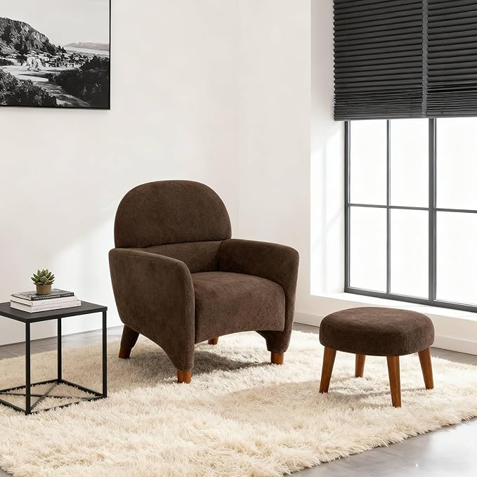 Modern Barrel Chair with Ottoman Upholstered Armchair with Wooden Legs Backrest Single Sofa Soft Cushion Seating Comfy Lounge Chair for Living RoomBedroomReading Corner (Brown)