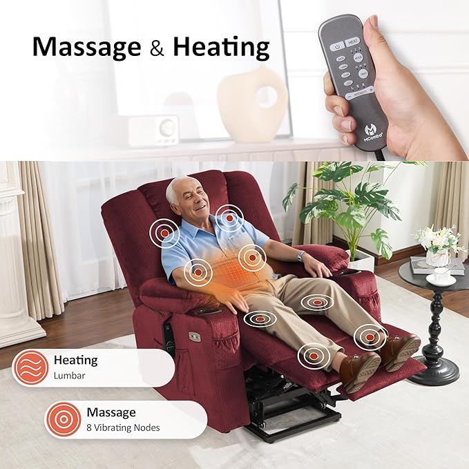 MCombo Oversized Power Lift Recliner Chair Sofa with Massage and Heat for Elderly People Petite USB Ports Side Pockets Fabric R7561 (Burgundy Small-Oversize)