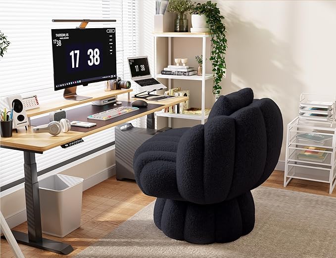 Teddy Fleece Swivel Vanity Chair - Armless Padded Accent Desk Chair for Bedroom Living Room Black