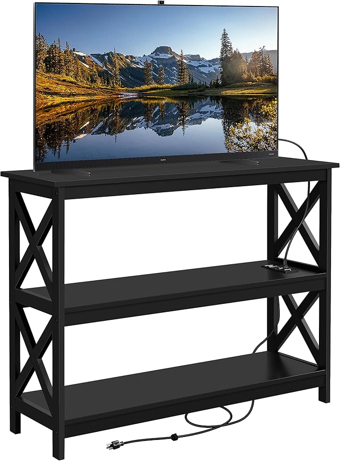 Yaheetech TV Stand with Power Outlet Entertainment Center for TV up to 45 inch Wood Open Storage Shelf Media Console Table for Living Room Bedroom Black