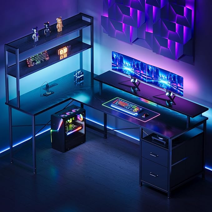 L Shaped Gaming Desk with ShelvesReversible Computer Gaming Desk with LED Lights and Charging StationHome Office Corner Desk with Monitor StandBlack