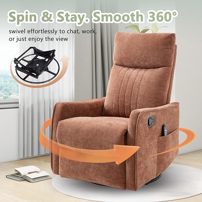 cinkehome Heated Massage Swivel Rocker Recliner Chair for Nursery - Small Space Reclining Chair with Lumbar Support 360° Swivel &amp Gentle Rocking Ergonomic High Back Orange Chenille