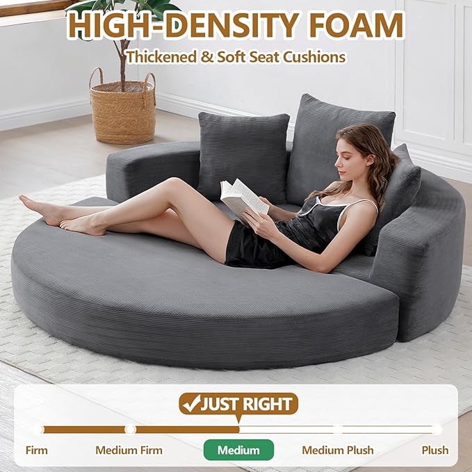 67'' Circular Convertible Compressed Sofa Bed Grey Corduroy Floor Lounge Round Boneless Couch Loveseat Sleeper Sofa Couch with 3 Cushions No Assembly for Apartment Bedroom