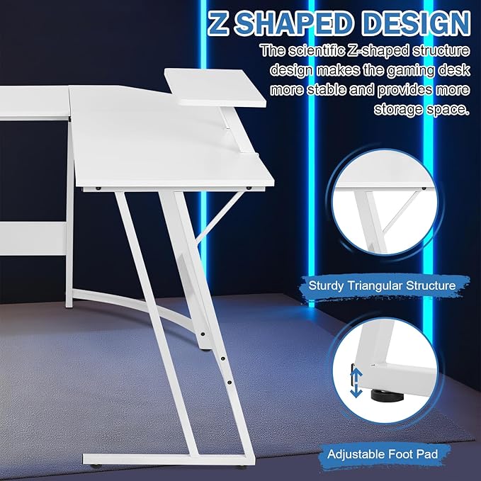 51 Inch L Shaped Gaming Desk Corner Computer Desk with Detachable Monitor Stand for Home Office Learning Gaming WorkstationWhite