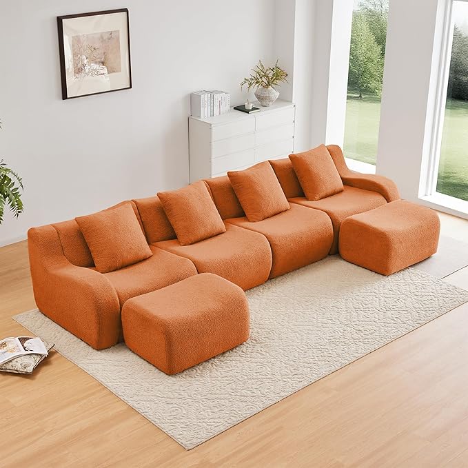 Modular Sectional Sofa for Living Room 148 U-Shaped Orange Boneless Cloud Couch with 2 Ottoman4-Seat Teddy Fabric Sofa Deep Seat Curved ArmrestStreamlined Ergonomic Design