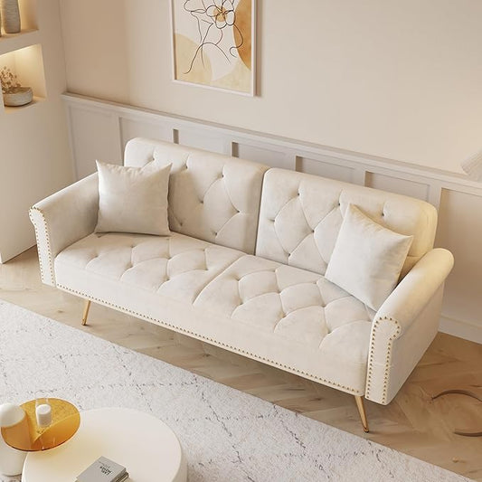 ERYE Tufted Futon Sofa Bed Modern Velvet Upholstered Loveseat Sleeper Futon Sofabed with Split Adjustable Backrest Nailhead Decor and Elegant Golden Legs for Home Apartment RV Office Studio Bedroom