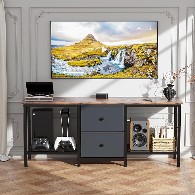 TV Stand Suitable for TVs up to 55 Inches Entertainment Center with Storage Drawers and Shelves Media Console Table for Living Room and Bedroom (Brown Black)