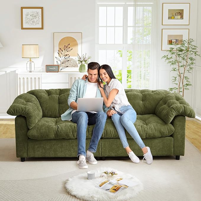 Modern Sofa Couch 94.8 W Chenille Tufted Fluffy Comfy Cloud Couch with Tutfted Design &amp Armrest Pillowchenilles Upholstered Oversized Loveseat Sofa for Living Room Bedroom Office Green