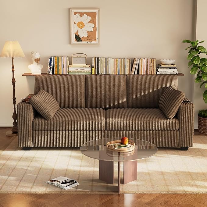 80'' Couches for Living Room Corduroy Cloud Couch Sofa with Cup Holders &amp USB 2 Pillows Comfy 3 Seater Sofas Modern loveseat Couch for Small SpaceApartmentBedroom Light Brown