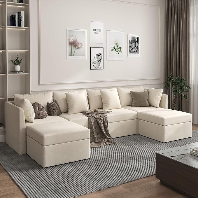 VOLUNCE Modular Sectional Sofa Convertible U Shaped Couch with Storage Ottoman Throw Pillow 4 Seat Sofa Set with Double Reversible Chaises Sectional Sleeper Sofa Bed for Living Room Beige