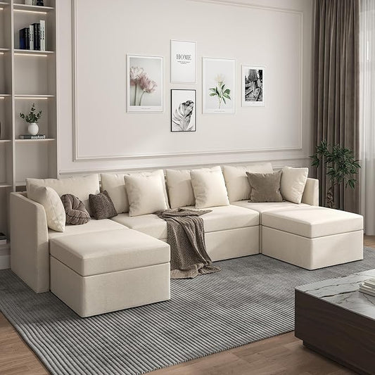 VOLUNCE Modular Sectional Sofa Convertible U Shaped Couch with Storage Ottoman Throw Pillow 4 Seat Sofa Set with Double Reversible Chaises Sectional Sleeper Sofa Bed for Living Room Beige
