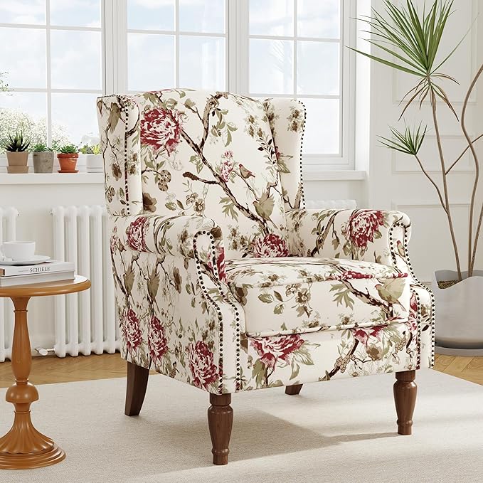 Floral High Back Accent Chair Upholstered Armchair with Solid Wood Legs Comfy Wingback Reading Single Sofa Chair for Small Spaces Living Room Bedroom(Floral Beige Set of 2)