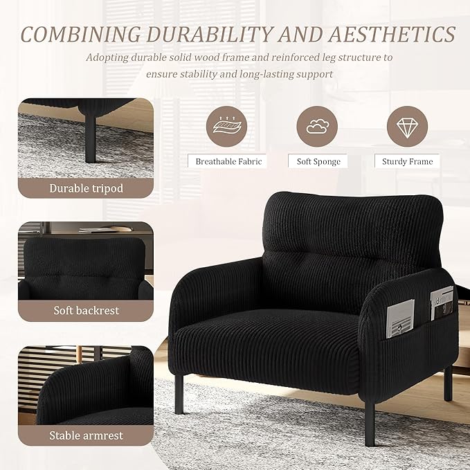 Black Accent Chair - Corduroy Living Room Chairs with Side Storage Pockets and Durable Legs Comfy Arm Reading Chair with Soft Backrest for Bedroom Balcony Study Room