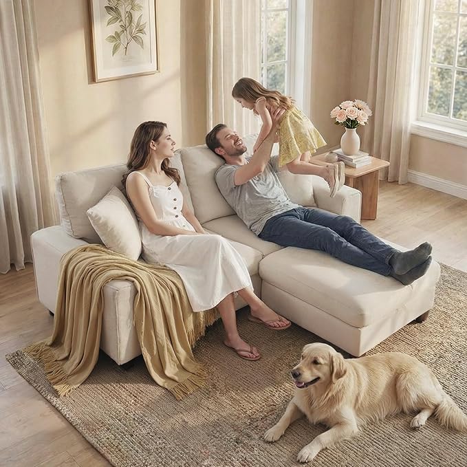 DOPEDIO L-Shaped Sectional Sofa with Storage Ottoman Modern Chenille Recliner Loveseat Removable Couch Covers Pocket Spring Cushions Solid Wood Frame Easy to Install (71.25inch Beige)