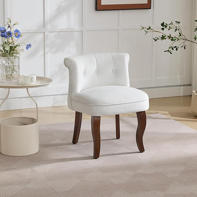 Velvet Vanity Chair with Back Tufted Upholstered Vanity Stool with Solid Wood Legs Mid Century Small Makeup Chair for Vanity Accent Chair for Bedroom Living Room White