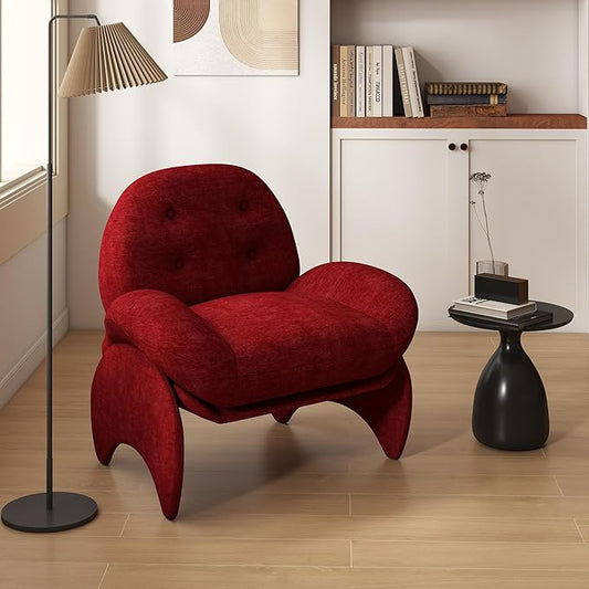 thksbought Modern Accent Chair Red Chenille Mid Century Lounge Armchair with Button Tufted Back Comfy Luxury Crab Chair with Upholstered Seat for Bedroom Apartment Studio Office (Red 1PC)