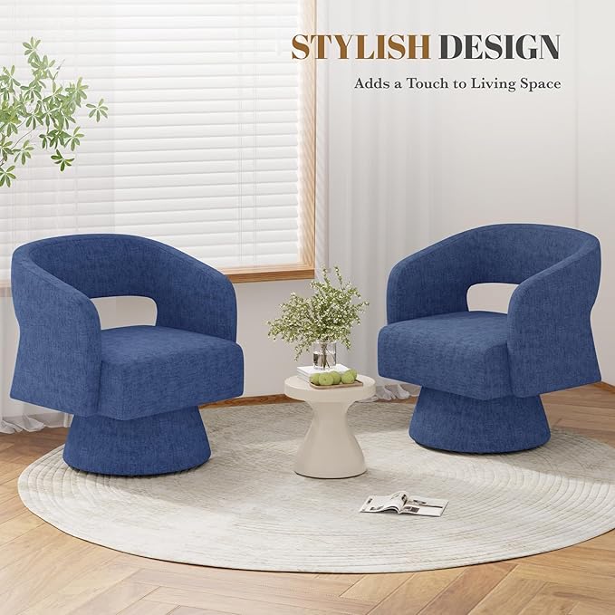 Swivel Barrel Accent ChairOversized Chenille Upholstered Round Swivel ChairModern Luxury 360 Degree Living Room Vanity Chair for Bedroom OfficeBlue2PCS