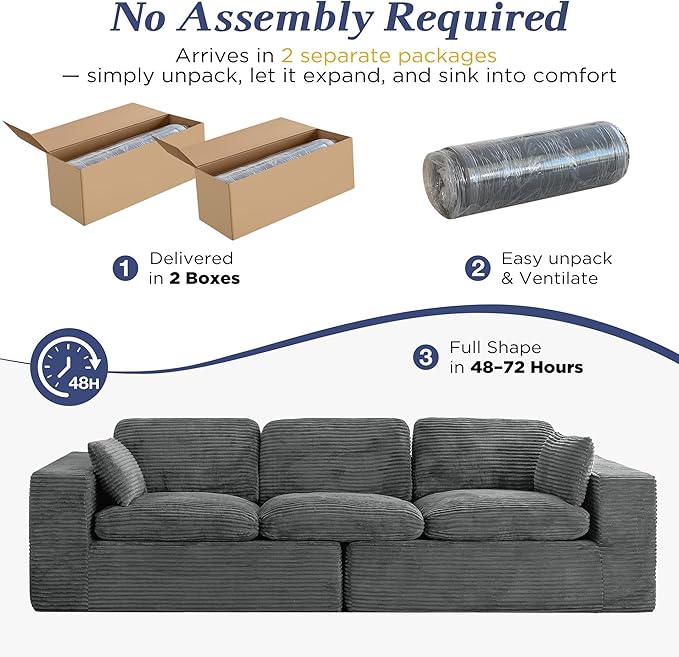 Esright 110 Oversized Sofa for Living Room Cloud Boneless Couch with Fluffy Seat Cushions 3 Seater Upholstered Floor Sofa No Assembly Required Grey