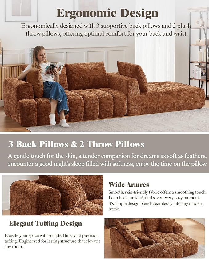 108 Boneless Cloud Modular Sectional Couch for Living Room L Shaped Sofa with Chaise | Chenille Fabric | Compressed Foam Sofa for Living Room | No Assembly (Orange Right Hand Facing)