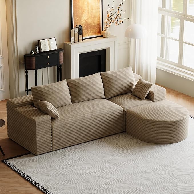 108 Modular Sectional Sofa Cloud Couch for Living Room L Shaped Comfy Fluffy Light Brown Boneless Couches with Movable Curved Ottoman Modern Plush Corduroy Memory Foam Floor Couch with Chaise
