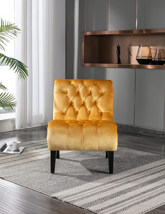 Modern Armless Living Room Chair/Leisure ChairUpholstered Fabric Button Comfortable Chair with Wooden Legs for Bedroom Living Room Office (Mustard)