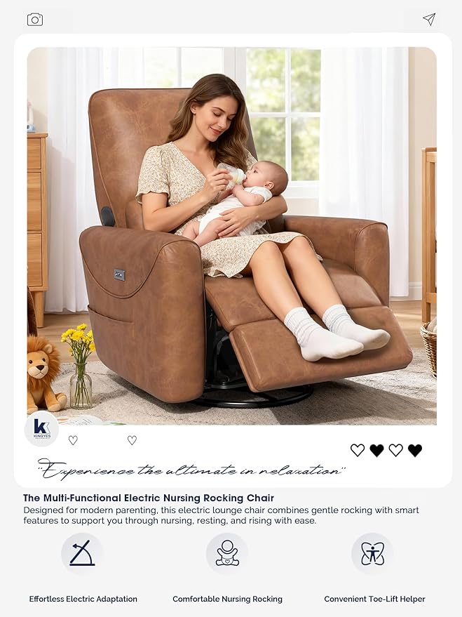 KINGYES Nursery Recliner Rocking Chair 270° Swivel Glider with Bluetooth Speaker &amp USB-C Port Faux Leather Nursery Rocking Chair Brown