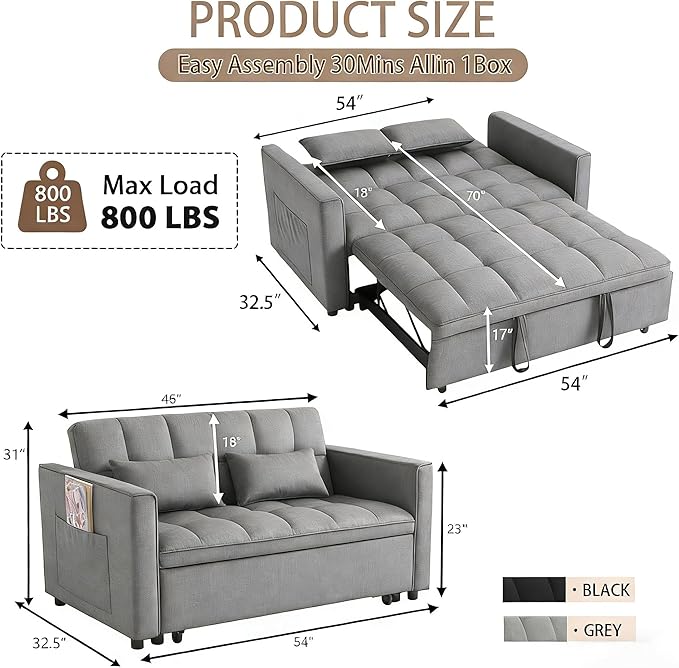70 3-in-1 Velvet Sleeper Sofa Bed Convertible Pull Out Couch w/Adjustable Back Armrests &amp Storage. Modern Black Futon for Living Room Bedroom Small Space - 2 Pillows Included Grey