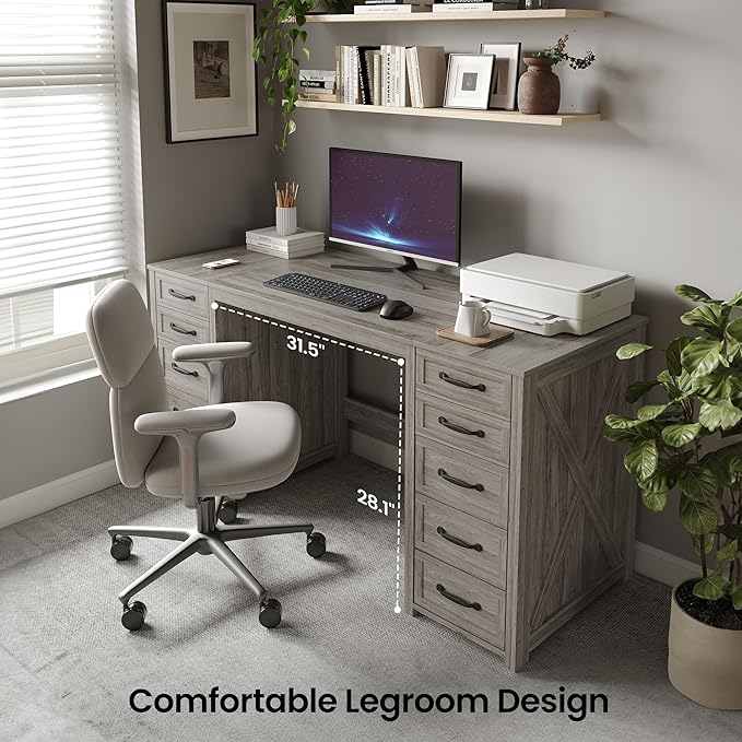 WOPITUES 60 Farmhouse Home Office Desk with 10 Wooden Drawers Rustic Computer Writing Desk with Power Outlets Large Executive Desk with Storage Cabinet for Work Study Writing Craft Gray