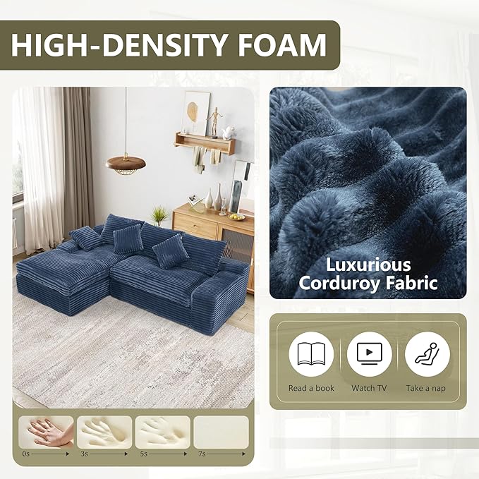 98.8 Cloud L Shape Sectional Couch with Deep Seat Modern Boneless Compressed Sofa with Chaise 4 Seat Corduroy Couches for Living Room Bedroom No Assembly Required (Blue)