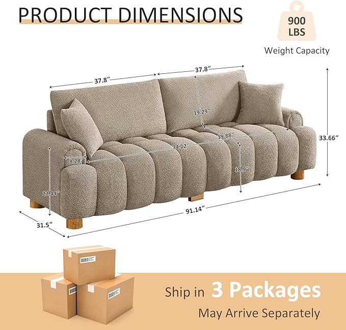 VANOMi Boucle Sofa Couch 91 Comfy Tufted Upholstered Cloud Couches Modern 3 Seater Sofa with Pillows Oversized Deep Seat Sherpa Couch for Living Room Bedroom Apartment (Camel Color)
